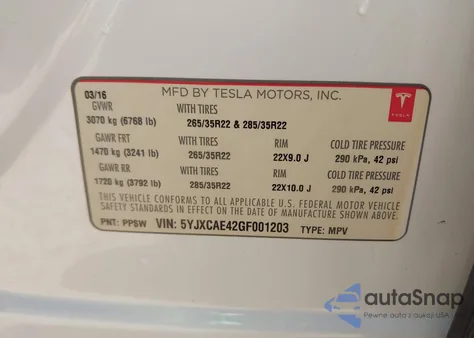 2016 Tesla Model X 60D/P100D/P90D from USA, damaged, VIN 5YJXCAE42GF001203